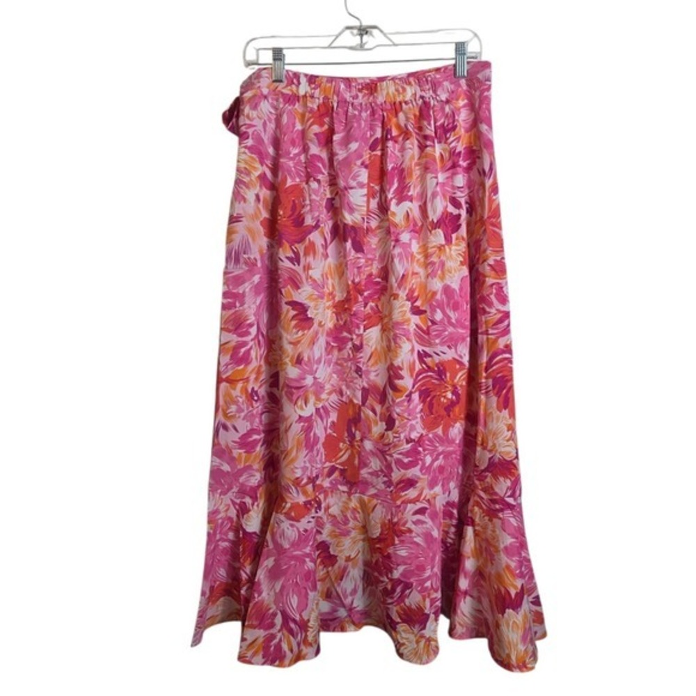 She + Sky Wrap Skirt XL Pink Orange Tropical Floral Ruffle Midi Garden Party - Picture 4 of 16